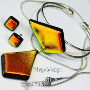 Narancs-fekete dichroic üveg ékszerszett nyaklánc, karkötő, stiftes fülbevaló