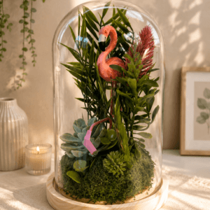 Flamingo üvegbúra asztaldísz