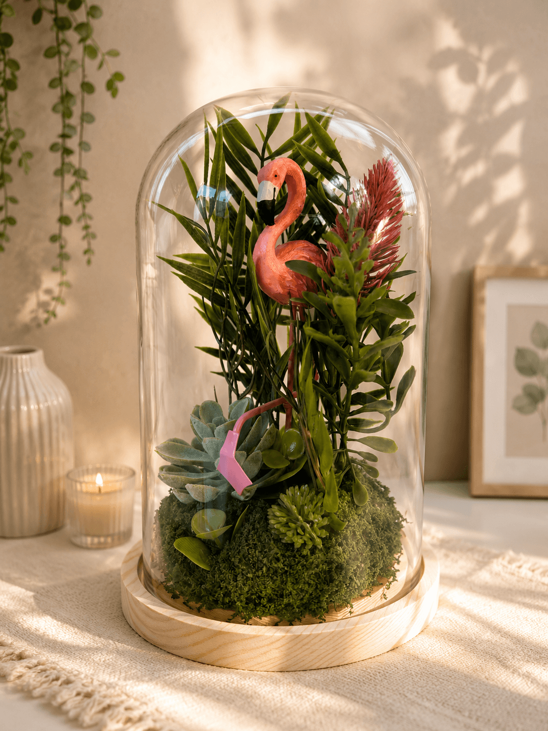 Flamingo üvegbúra asztaldísz