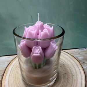 Pasztell lila tulipános üveges gyertya