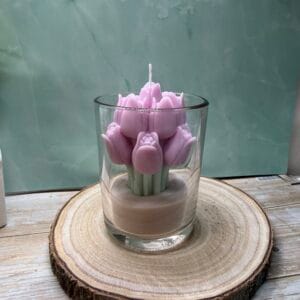 Pasztell lila tulipános üveges gyertya