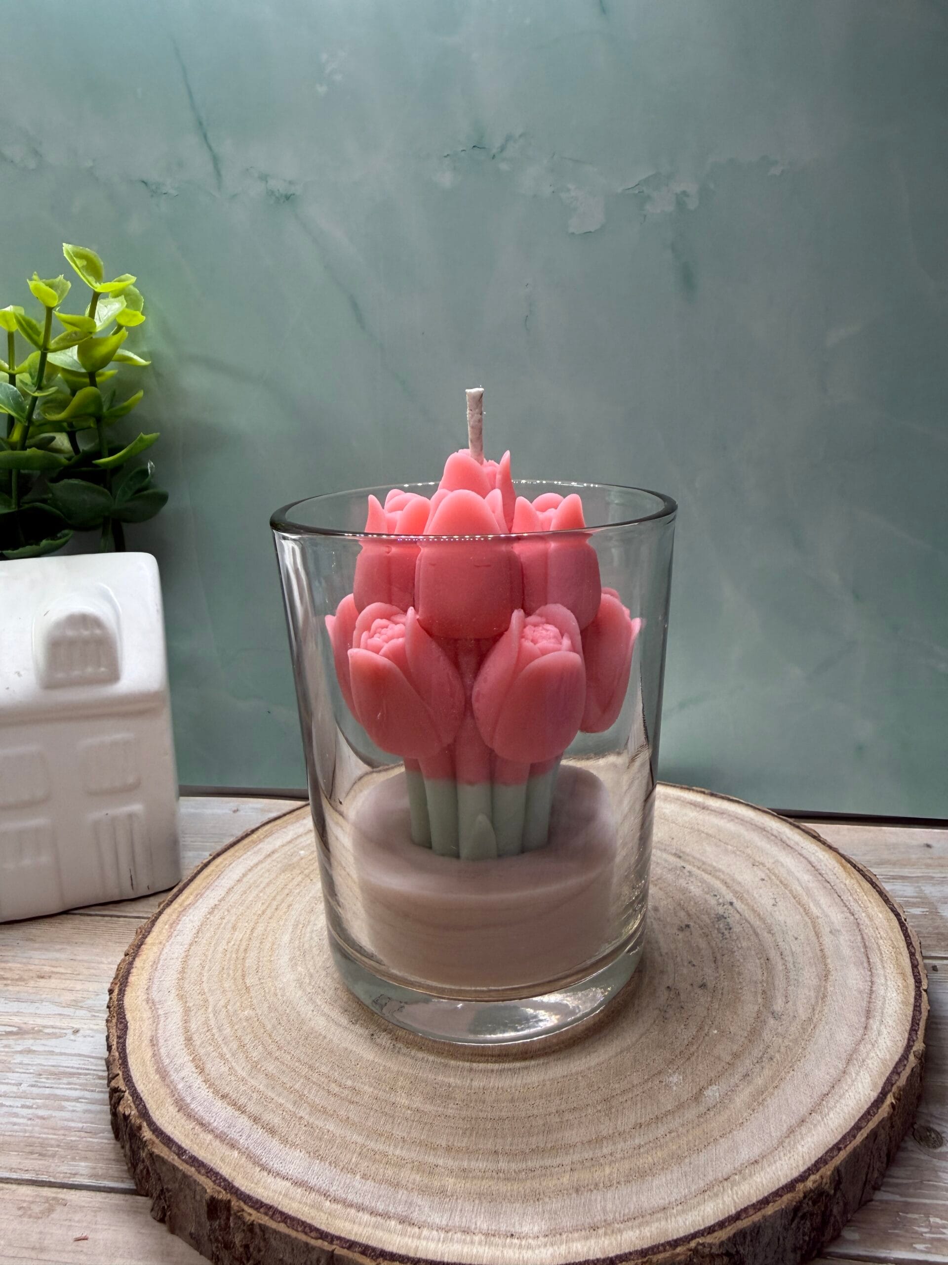 Rózsaszín tulipános üveges gyertya