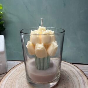 Pasztell sárga tulipános üveges gyertya