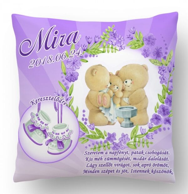 Ajándék párna Keresztelőre LILA macis