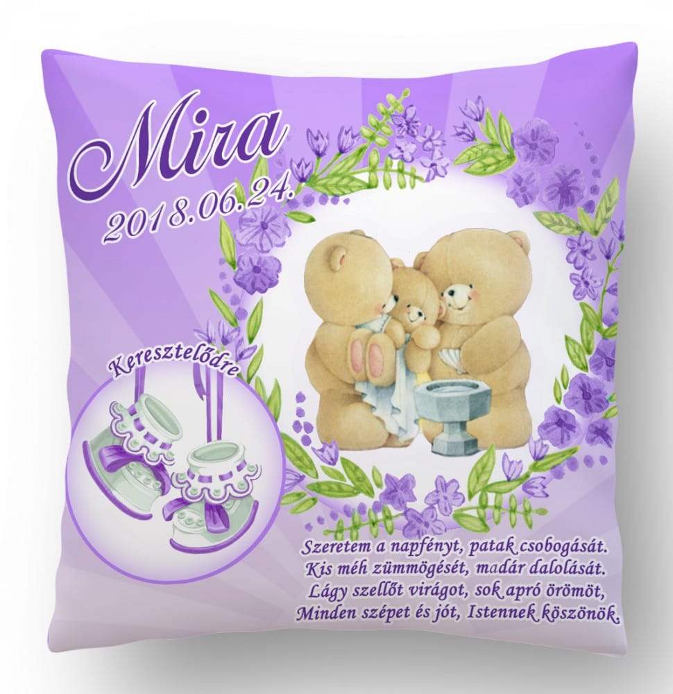 Ajándék párna Keresztelőre LILA macis