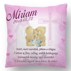 Ajándék párna Keresztelőre rózsaszín macis