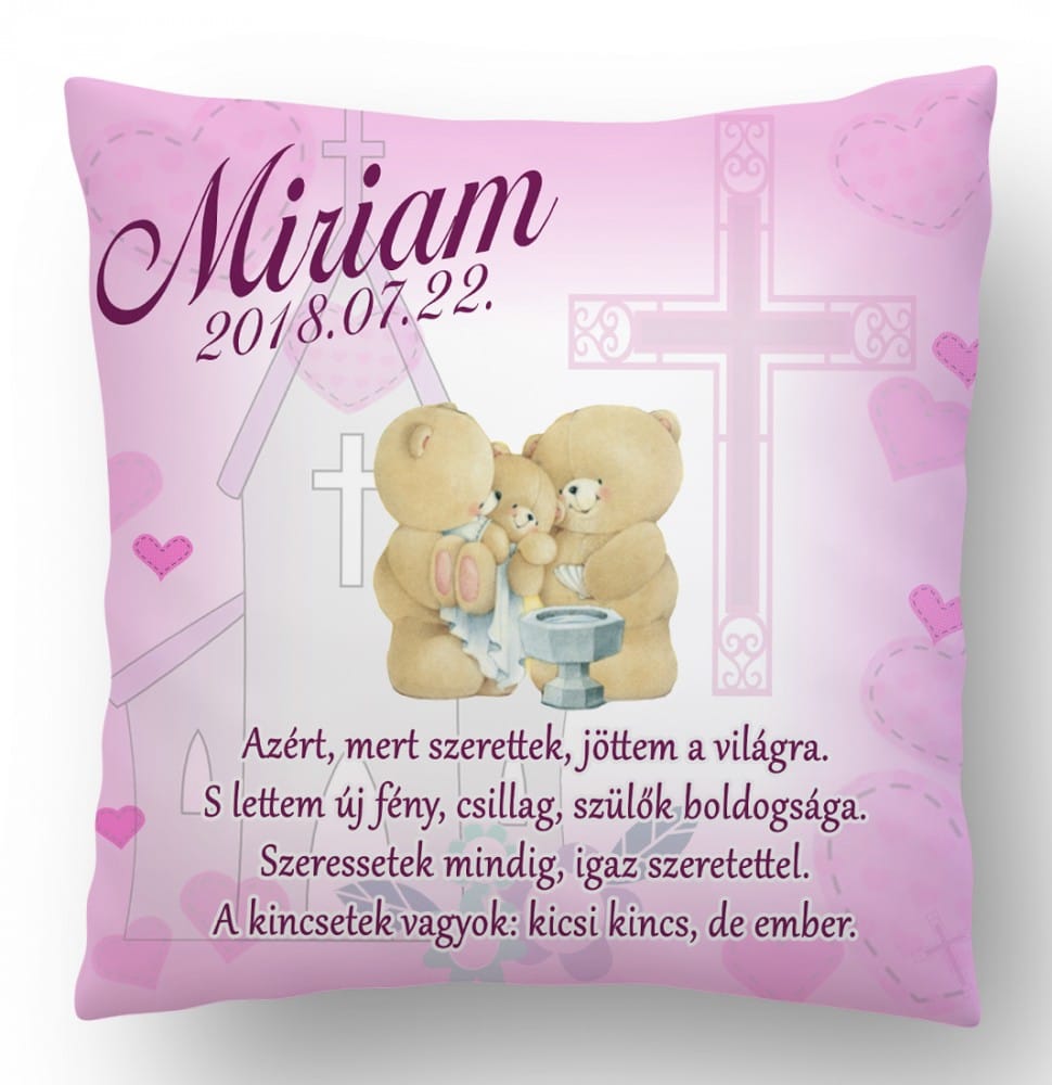 Ajándék párna Keresztelőre rózsaszín macis