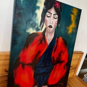 Kortárs figuratív, expresszionista jellegű semiabsztrakt portréfestmény keleti inspirációjú dekoratív elemekkel