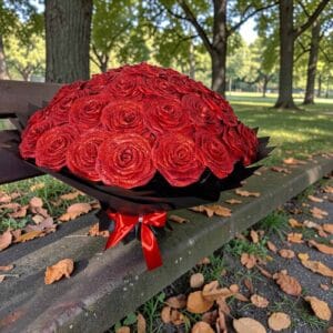 Óriás 50 szálas vörös örökrózsa csokor – romantikus kézműves szatén rózsacsokor