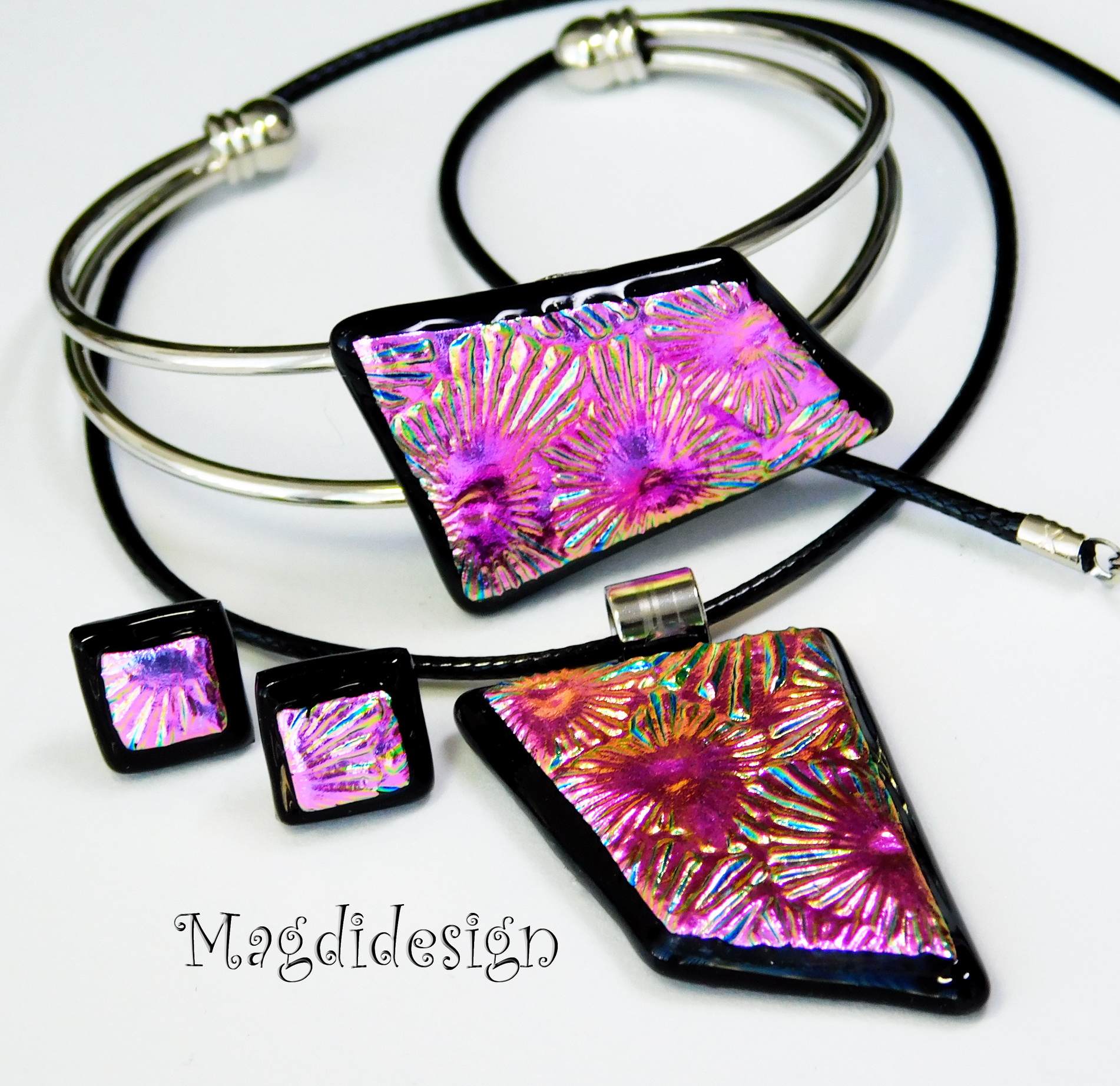 Pink-arany dichroic üveg ékszerszett nyaklánc, karkötő, stiftes fülbevaló