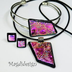 Pink-arany dichroic üveg ékszerszett nyaklánc, karkötő, stiftes fülbevaló