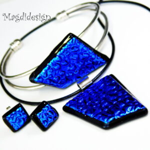 Kék kavicsok dichroic üveg ékszerszett nyaklánc, karkötő, stiftes fülbevaló
