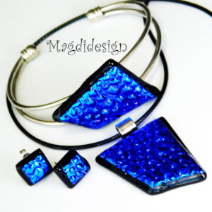 Kék kavicsok dichroic üveg ékszerszett nyaklánc, karkötő, stiftes fülbevaló