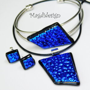 Kék kavicsok dichroic üveg ékszerszett nyaklánc, karkötő, stiftes fülbevaló