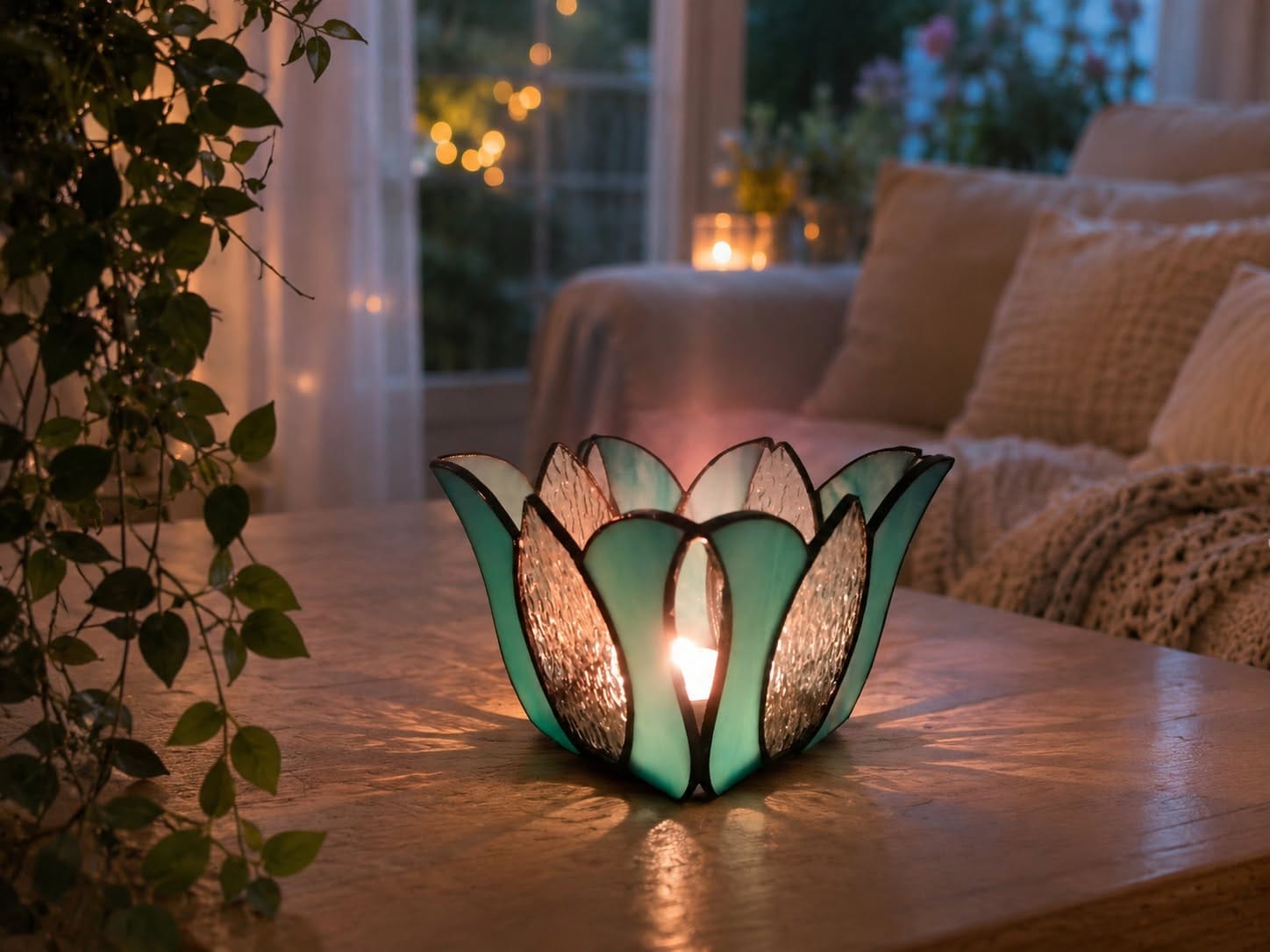 Türkizzöld Tulipán Tiffany gyertyatartó