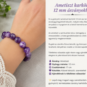 Ametiszt karkötő – 12 mm természetes ásványgyöngyök | 17 cm
