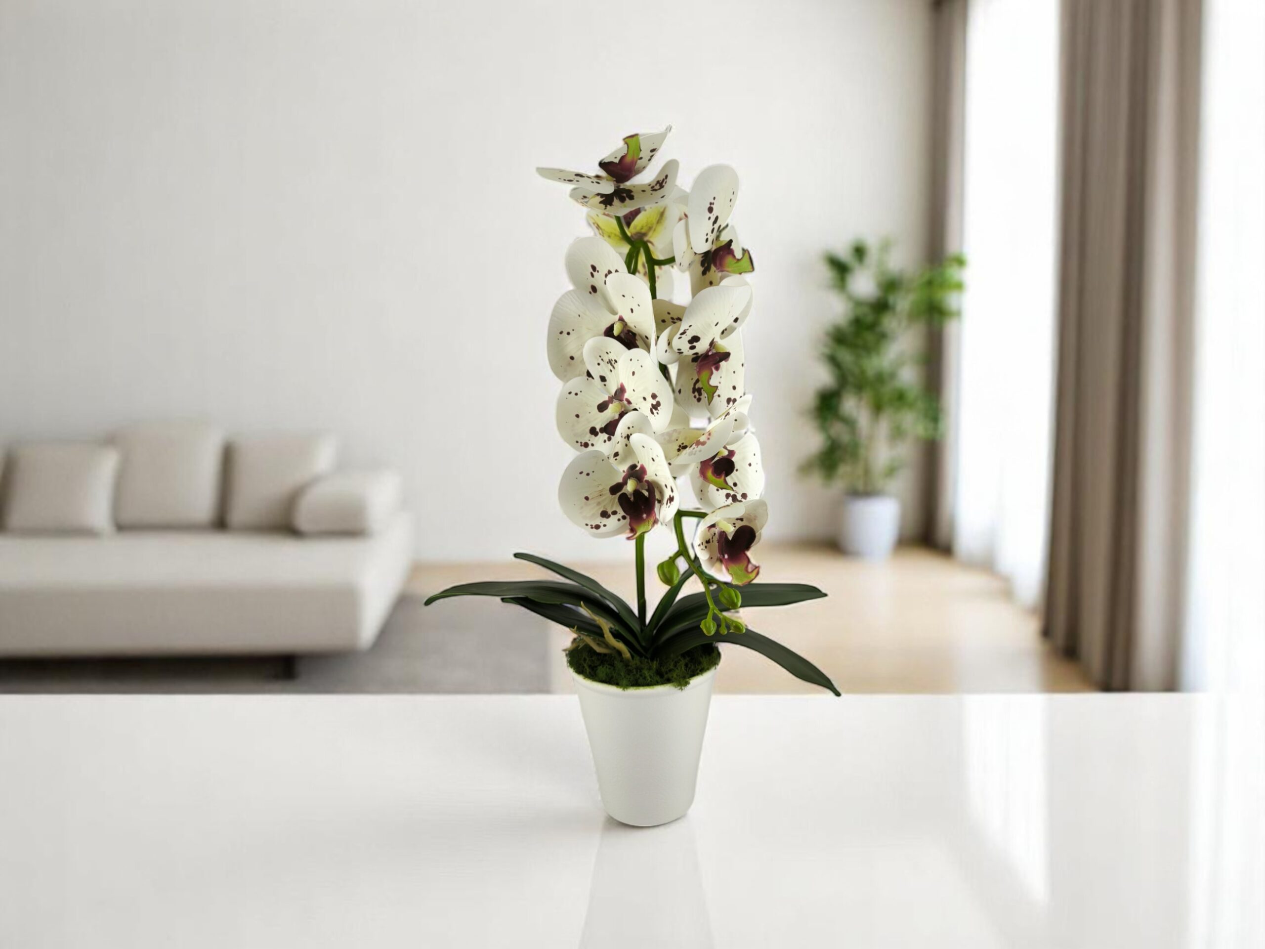 Fehér burgundi pöttyös nagyméretű egyszálas élethű orchidea OR122