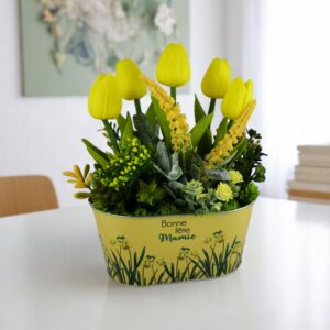 Sárga tulipános dekoráció fémkaspóban TUGO502