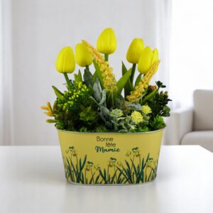 Sárga tulipános dekoráció fémkaspóban TUGO502