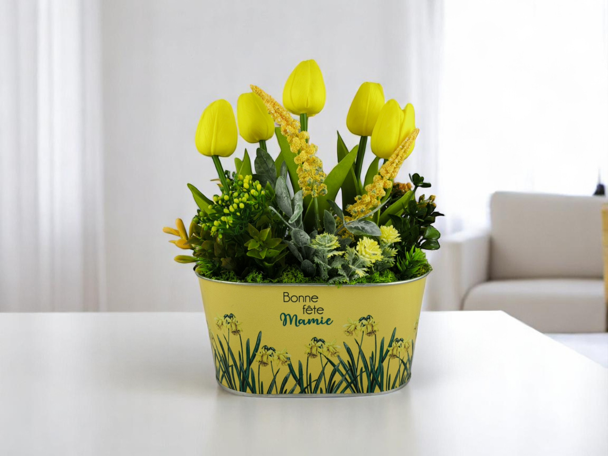 Sárga tulipános dekoráció fémkaspóban TUGO502