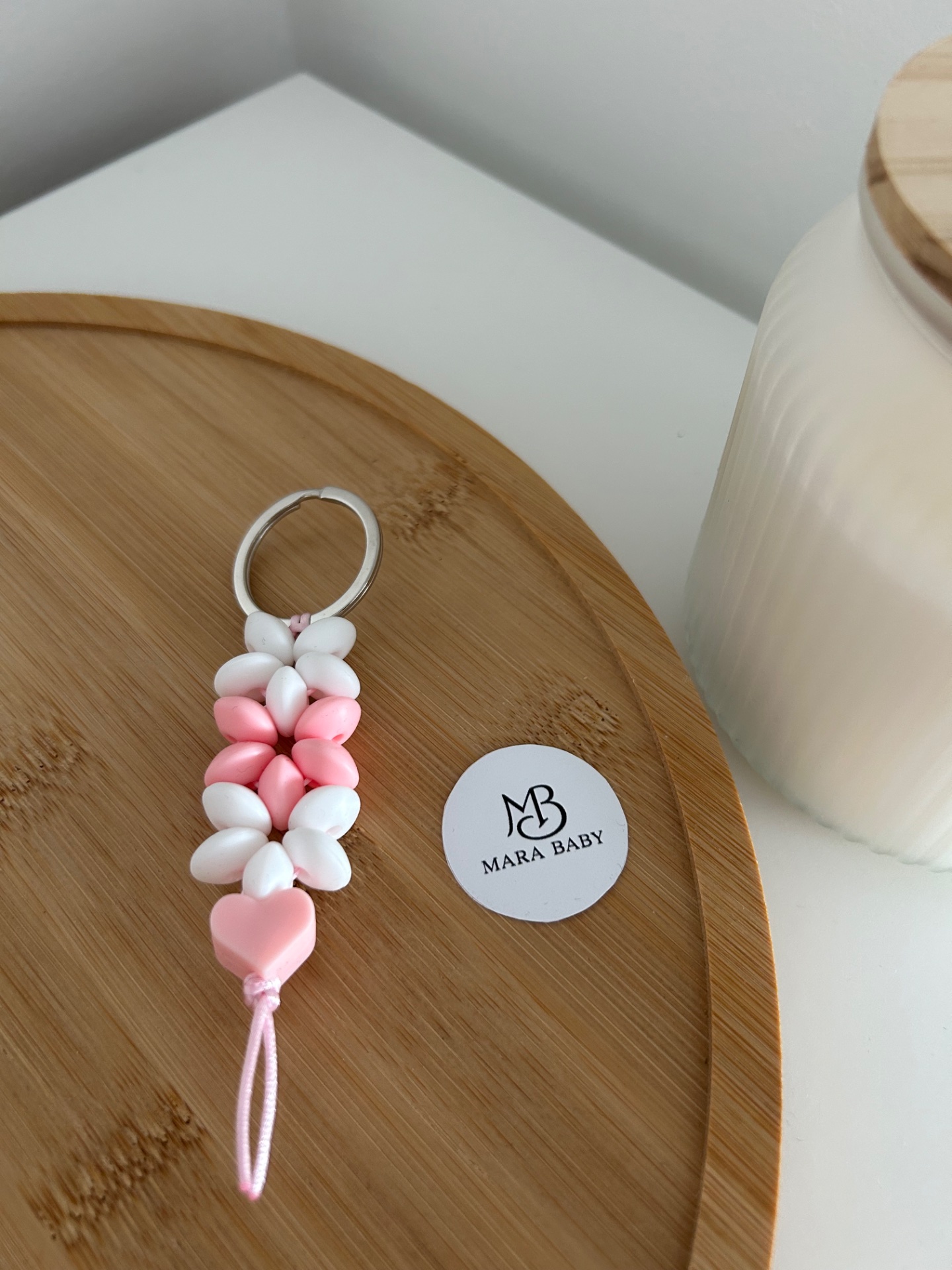 Virágos kulcstartó – fehér-rózsaszín