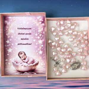 Keresztelő ajándék rózsafüzér díszdobozban kísérő szöveggel lány gyermeknek