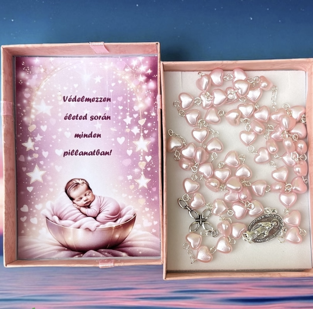 Keresztelő ajándék rózsafüzér díszdobozban kísérő szöveggel lány gyermeknek