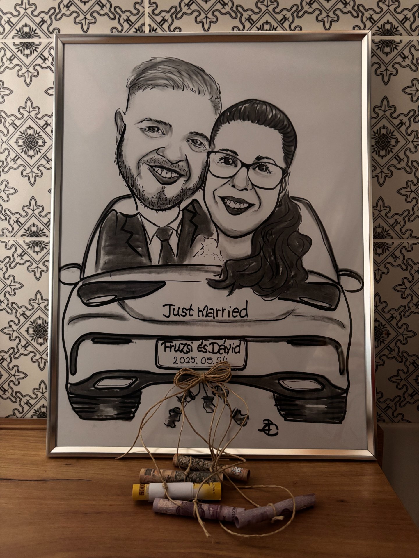 Kreatív pénzátadó karikatúra esküvőre