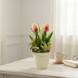 Tavaszi tulipános asztaldísz fém kaspóban TUG211