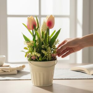 Tavaszi tulipános asztaldísz fém kaspóban TUG211