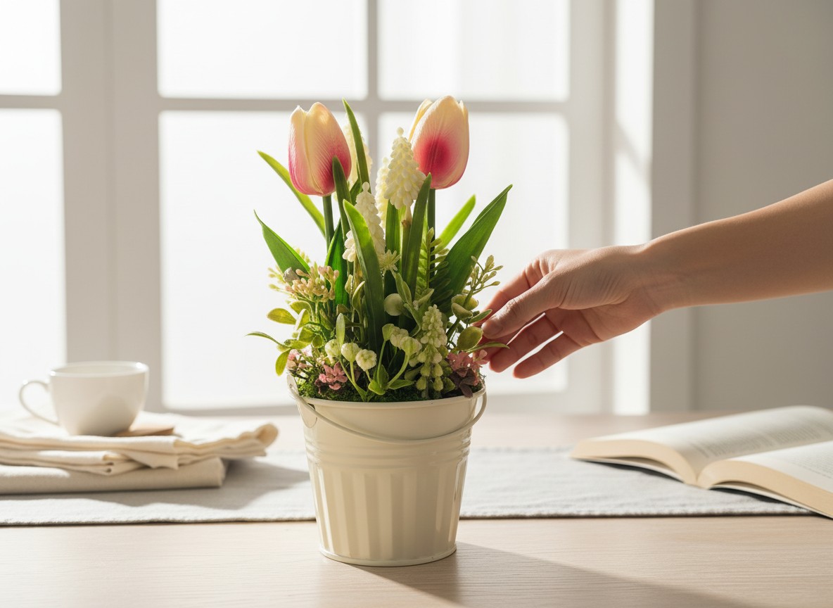 Tavaszi tulipános asztaldísz fém kaspóban TUG211