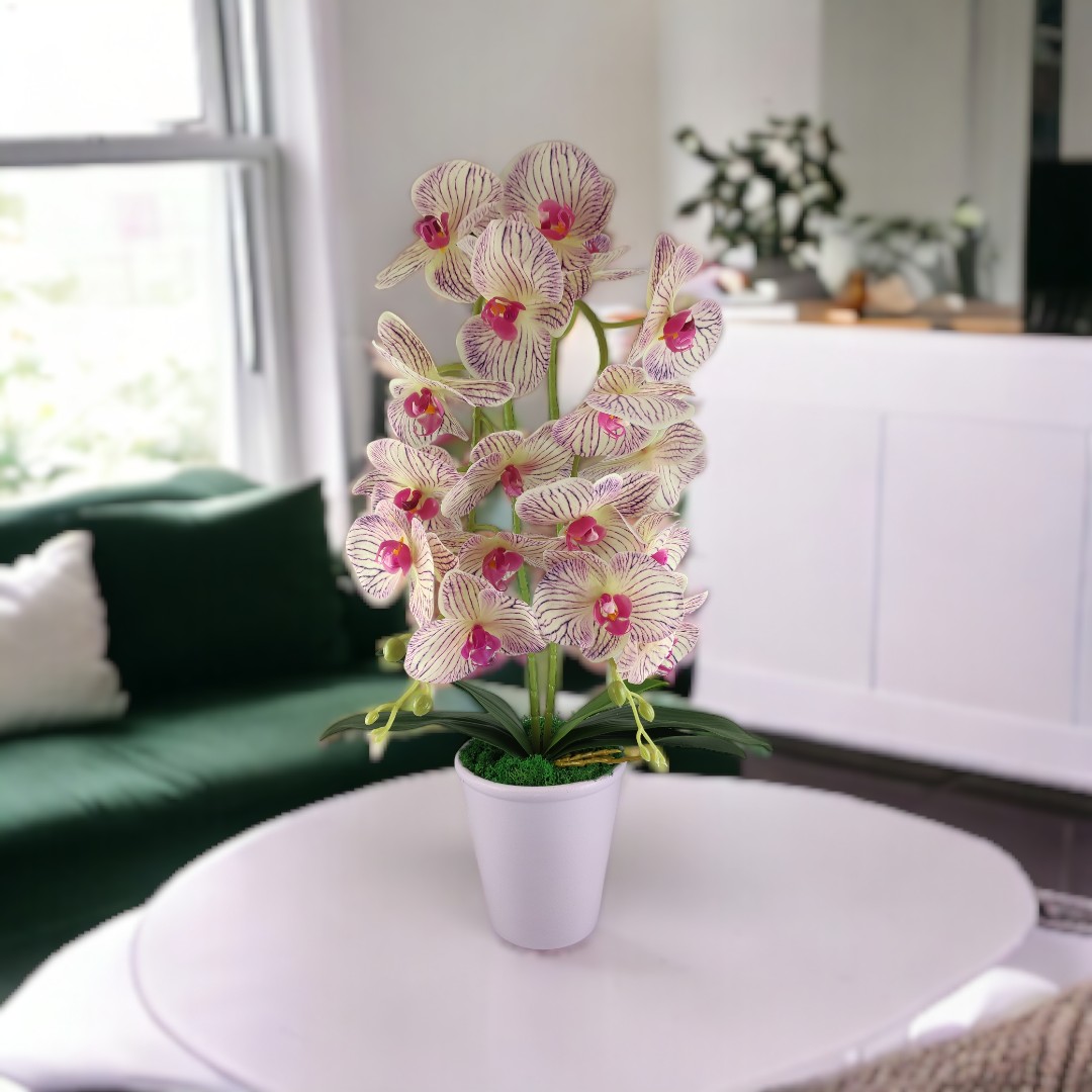 Kétszálas élethű orchidea krém-lila cirmos színben OR202KRLI