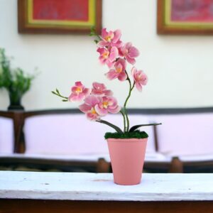 Pink cirmos színű kétágú élethű orchidea színes agyagkaspóban ORK218