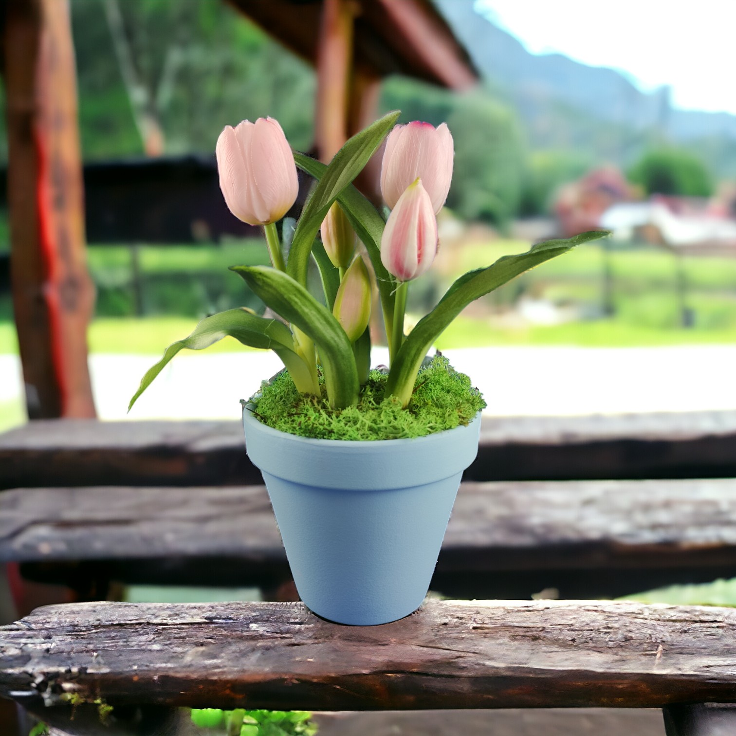 Élethű rózsaszín tulipánok kaspóban TUE521