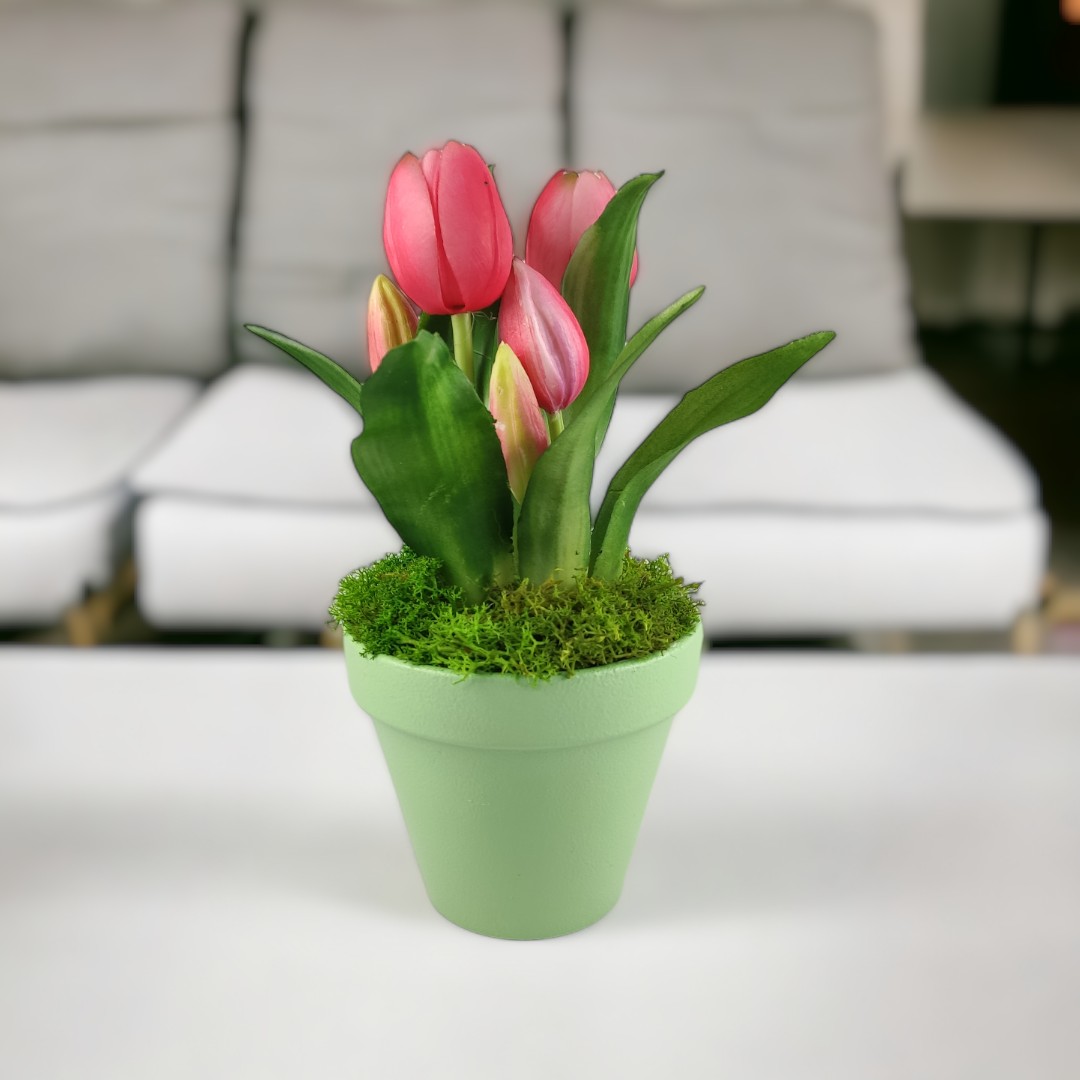 Élethű pink tulipánok kaspóban TUE526