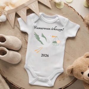 Bababejelentő body gólyás mintával, dátummal