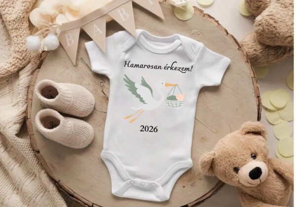 Bababejelentő body gólyás mintával, dátummal