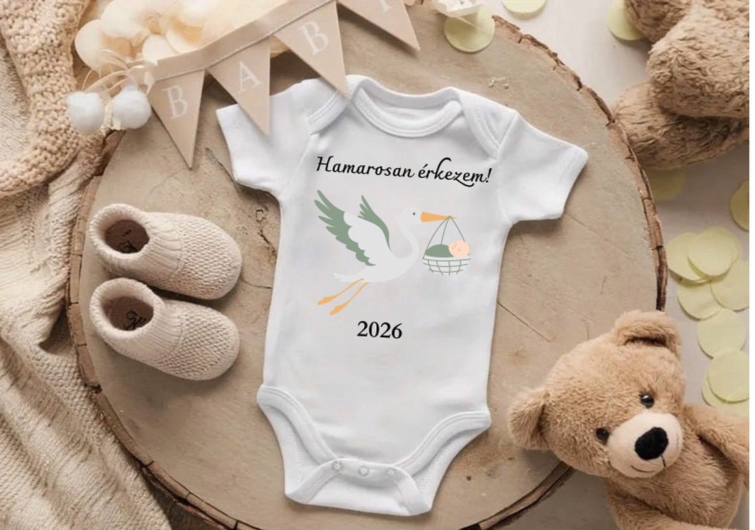 Bababejelentő body gólyás mintával, dátummal