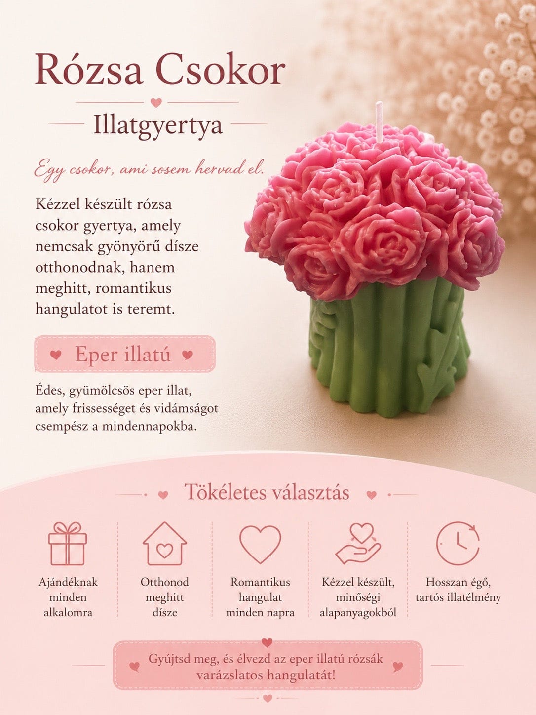 Rózsa Csokor Illatgyertya – Eper illattal 🍓🌹