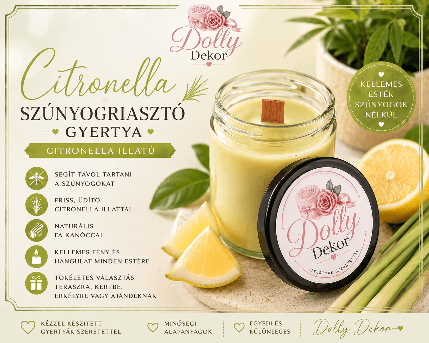 🍋 Citronella Szúnyogriasztó Gyertya – 100ml