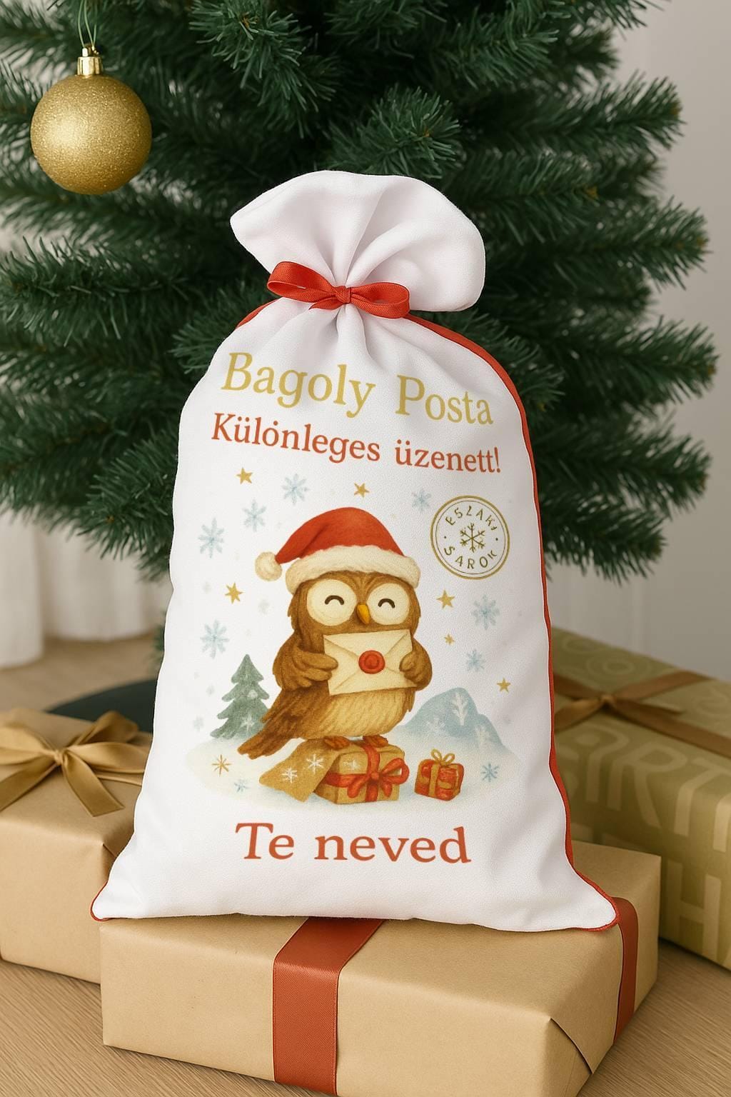 Bagoly posta mikulás zsák névvel – karácsonyi ajándék