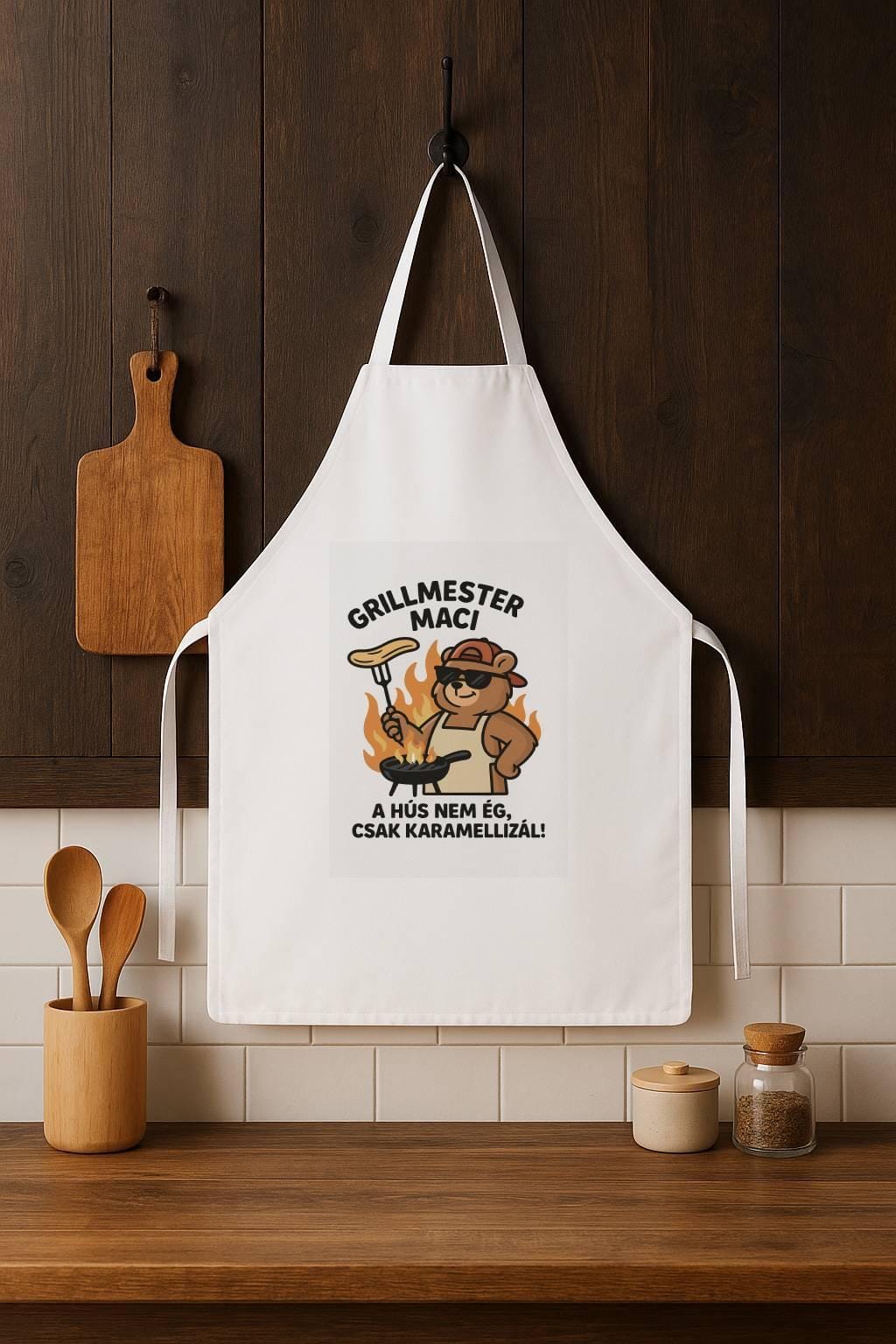 Grillmester konyhai kötény – humoros macis dizájn