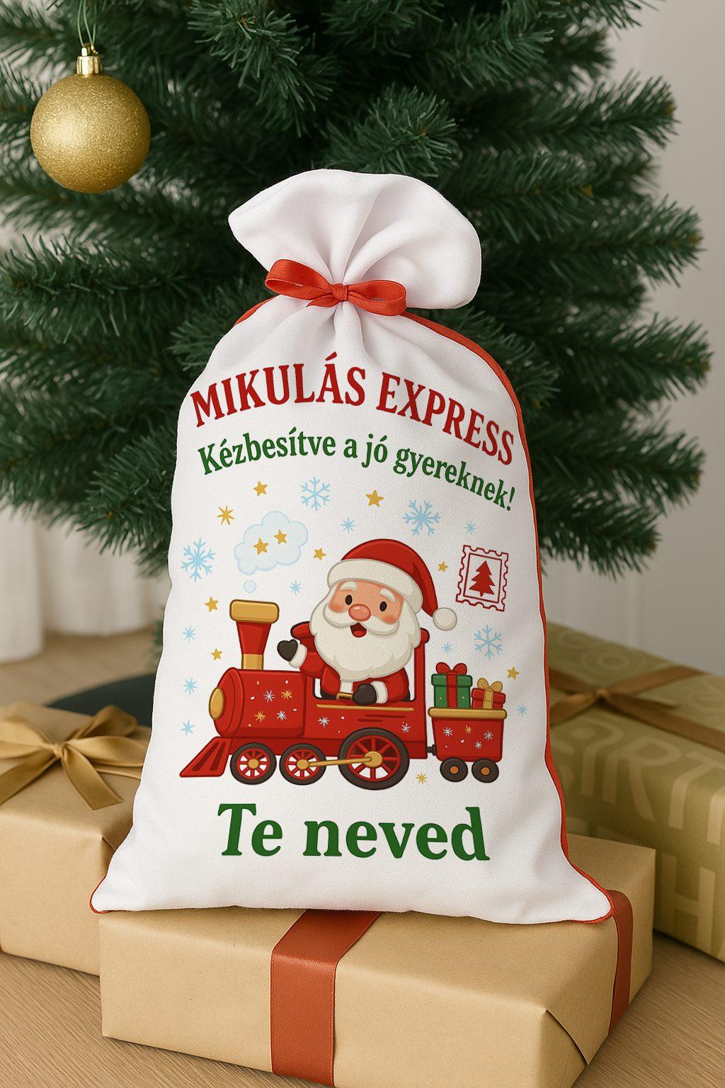 Mikulás zsák „Mikulás Expressz” – személyre szabható névvel