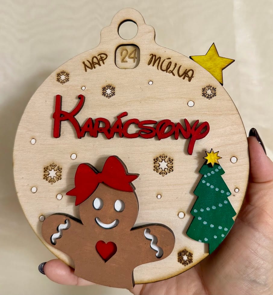 Mézis adventi visszaszámoló karácsonyfadísz – forgatható, fa, kézzel festett