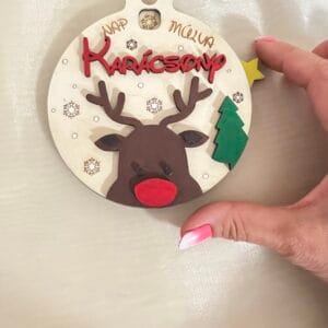 Rudolf szarvasos adventi visszaszámoló karácsonyfadísz – forgatható, fa, kézzel festett