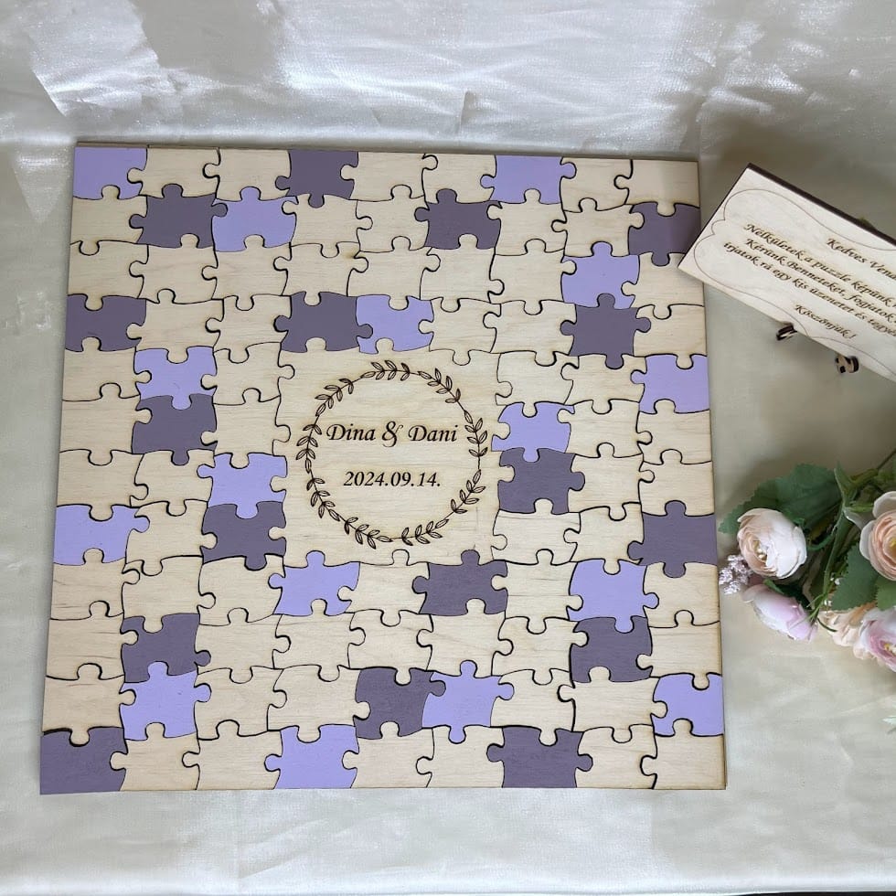 Puzzle esküvői vendégkönyv különböző darabokkal