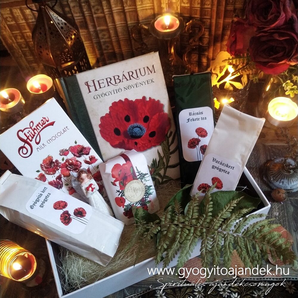 Gyógynövényes ajándékcsomag olvasóbox Herbárium könyvvel, teával, szappannal, angyallal