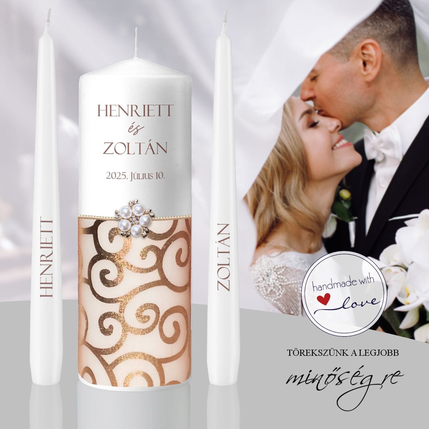 Arany elegancia esküvői gyertya szett, 3 db-os (67×200 mm)