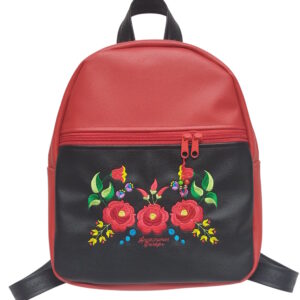 Hímzett DORINA-L hátizsák – Hungarian Folkart 30 – textilbőr pántokkal fekete-piros 33x27x10