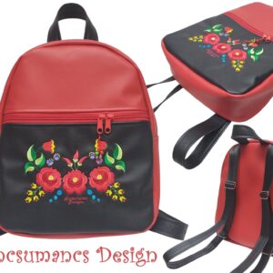 Hímzett DORINA-L hátizsák – Hungarian Folkart 30 – textilbőr pántokkal fekete-piros 33x27x10